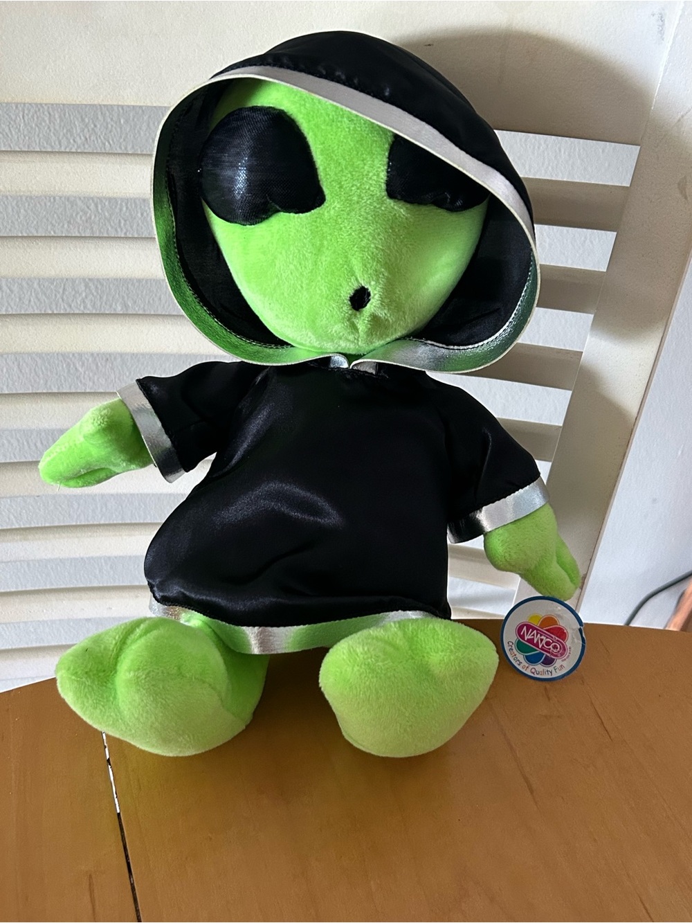 Green Alien Plush Toy in Black Hooded Outfit
